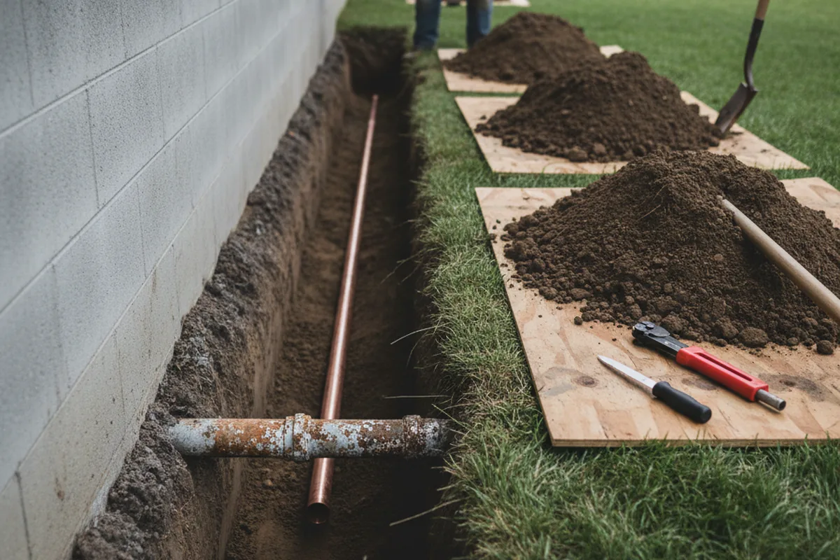 Excavated water line trench during Water Heater Repair in Cowpens